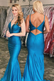 Ocean Blue Mermaid Spaghetti Strap V-Neck Long Prom Dress with Cutout