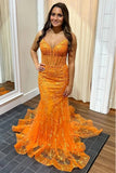 Orange Mermaid Spaghetti Straps V-Neck Lace Long Prom Dress with Appliques