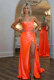 Orange Mermaid Strapless Sheer Bodice Prom Dres with Slit