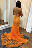 Orange Mermaid Spaghetti Straps V-Neck Lace Long Prom Dress with Appliques