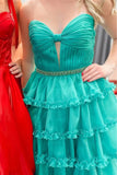 Peacock A-Line Strapless Keyhole Tiered Long Prom Dress with Slit