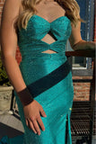 Dark Green Mermaid Strapless Keyholes Beaded Long Prom Dress with Slit