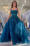 Peacock Blue A Line Slit Long Tulle Prom Dress with Appliques