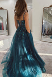 Peacock Blue A Line Slit Long Tulle Prom Dress with Appliques