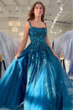 Peacock Blue A Line Slit Long Tulle Prom Dress with Appliques