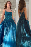 Peacock Blue A Line Slit Long Tulle Prom Dress with Appliques