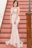 Blue Mermaid Stunning Strapless Lace Appliques Long Prom Dress with Bow