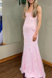 Pink Mermaid Spaghetti Straps V-Neck Sleeveless Long Prom Dress with Appliques