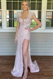 Pink Mermaid 3D Floral Side Slit Prom Dress with Feathers
