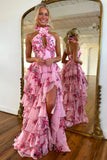 Pink A-Line Halter Ruffle Long Prom Dress with Slit