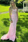 Pink Mermaid Spaghetti Straps Appliques Long Prom Dress with Slit