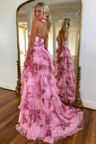 Pink A-Line Halter Ruffle Long Prom Dress with Slit