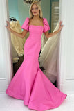 Pink Mermaid Satin Square Neck Short Sleeves Long Prom Dress
