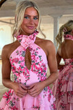 Pink A-Line Halter Ruffle Long Prom Dress with Slit