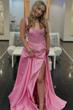 Pink A-Line Satin Pleated Long Prom Dress with Slit