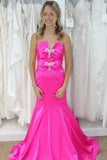 Pink Mermaid Strapless Satin Pleated Long Prom Dress with Bows