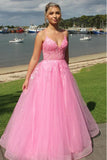 Pink A-Line V-Neck Spaghetti Straps Prom Dress with Appliques