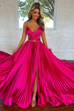 Hot Pink A Line Pleated Cutout Open Back Prom Dress with Slit