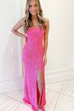 Hot Pink Mermaid Strapless Sequins Long Prom Dress with Slit