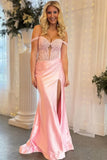 Pink Mermaid Off The Shoulder Sweetheart Appliques Pleated Prom Dress with Slit