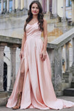 Pink A-Line Spaghetti Straps Pleated Long Prom Dress with Slit