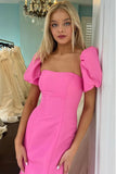 Pink Mermaid Satin Square Neck Short Sleeves Long Prom Dress