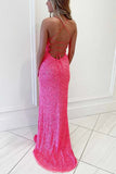Hot Pink Mermaid Strapless Sequins Long Prom Dress with Slit