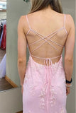 Pink Mermaid Spaghetti Straps V-Neck Sleeveless Long Prom Dress with Appliques