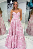 Pink A Line Floral Strapless Sweetheart Long Prom Dress