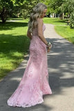 Pink Mermaid Spaghetti Straps Appliques Long Prom Dress with Slit