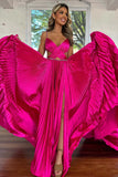 Hot Pink A Line Pleated Cutout Open Back Prom Dress with Slit