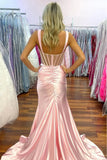 Pink Mermaid Square Neck Pleated Long Prom Dress with Slit