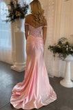 Pink Mermaid Off The Shoulder Sweetheart Appliques Pleated Prom Dress with Slit