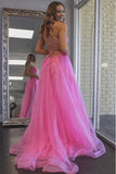 Pink A-Line V-Neck Spaghetti Straps Prom Dress with Appliques