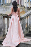 Pink A-Line Spaghetti Straps Pleated Long Prom Dress with Slit