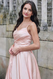 Pink A-Line Spaghetti Straps Pleated Long Prom Dress with Slit