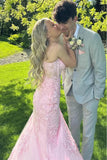 Pink Mermaid Spaghetti Straps Appliques Long Prom Dress with Slit