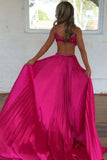 Hot Pink A Line Pleated Cutout Open Back Prom Dress with Slit