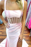Pink Mermaid Square Neck Pleated Long Prom Dress with Slit