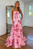 Pink Mermaid Strapless Tiered Long Prom Dress with Ruffle
