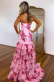 Pink Mermaid Strapless Tiered Long Prom Dress with Ruffle