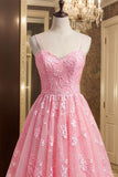 Pink A-Line Spaghetti Strap Tulle Long Prom Dress with Appliques