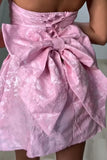 Pink Floral A Line Short Strapless Homecoming Dress with Bow