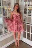 Pink Floral Ruffled Corset A-Line Short Homecoming Dress