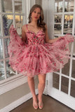 Pink Floral Ruffled Corset A-Line Short Homecoming Dress