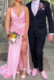 Pink A Line V-Neck Pleated Long Prom Dress with Side Slit
