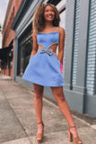 Blue A-Line Spaghetti Straps Short Homecoming Dress With Bowknot and Beading