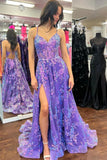 Purple A Line Spaghetti Straps V-Neck Lace Appliques Prom Dress with Slit
