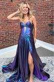 Purple A-Line Strapless Keyhole Pleated Metallic Prom Dress with Slit