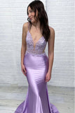 Purple Mermiad Spaghetti Straps Deep V-Neck Prom Dress with Appliques
